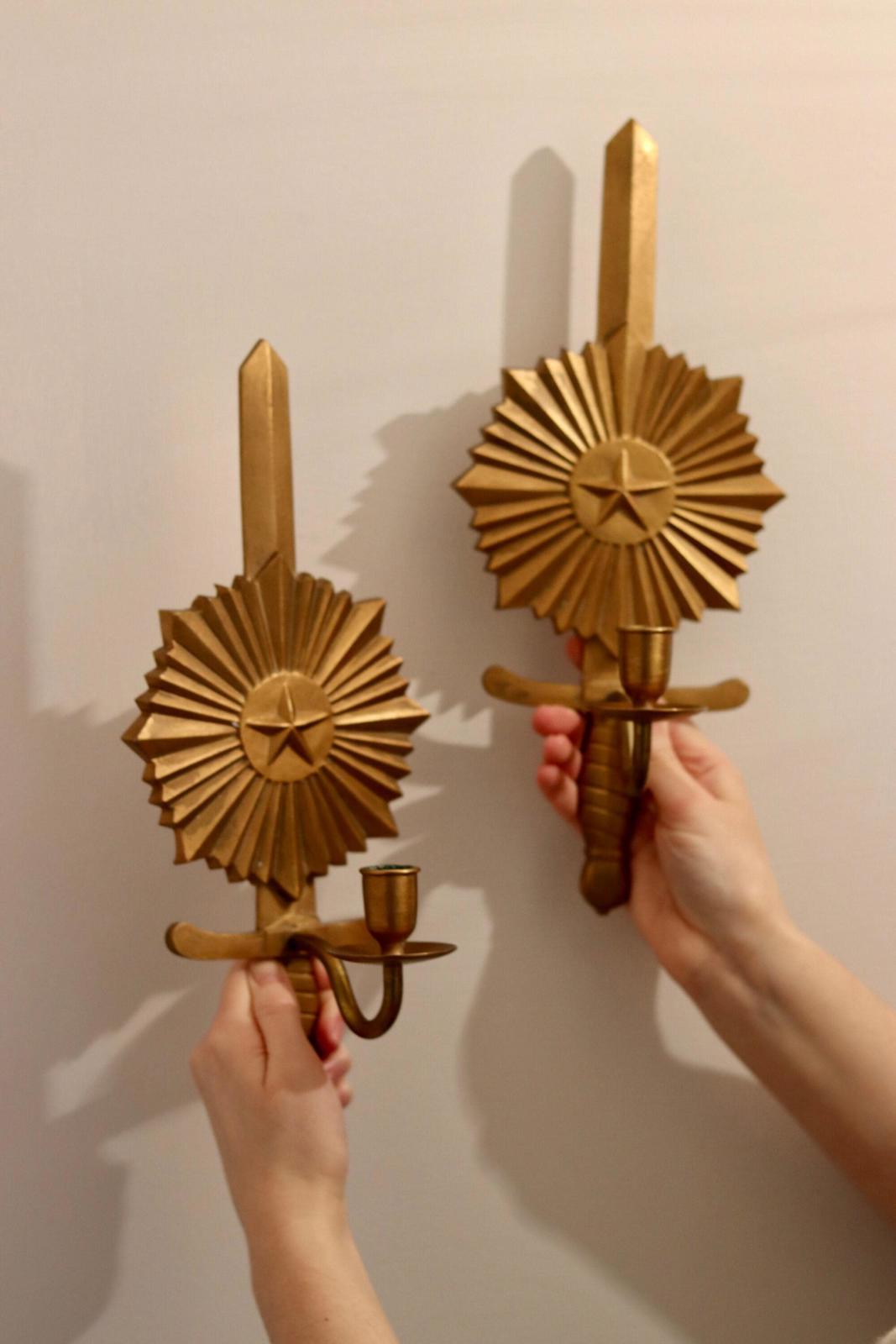 Pair of Mid-century Swedish Bronze Sconces "Knife in North Star"
