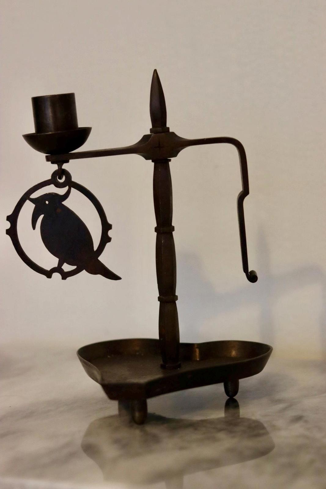 Vintage Swedish Wrought Iron Candle Holder with Hanging Bird Ornament – Folk Art Style