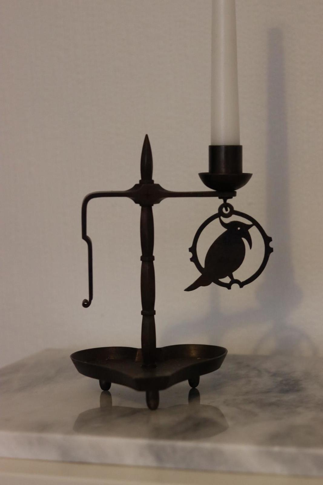 Vintage Swedish Wrought Iron Candle Holder with Hanging Bird Ornament – Folk Art Style