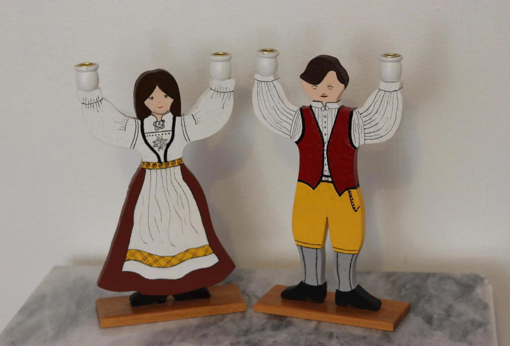 Pair of Vintage Scandinavian Folk Art Wooden Candle Holder Couple – Hand-Painted