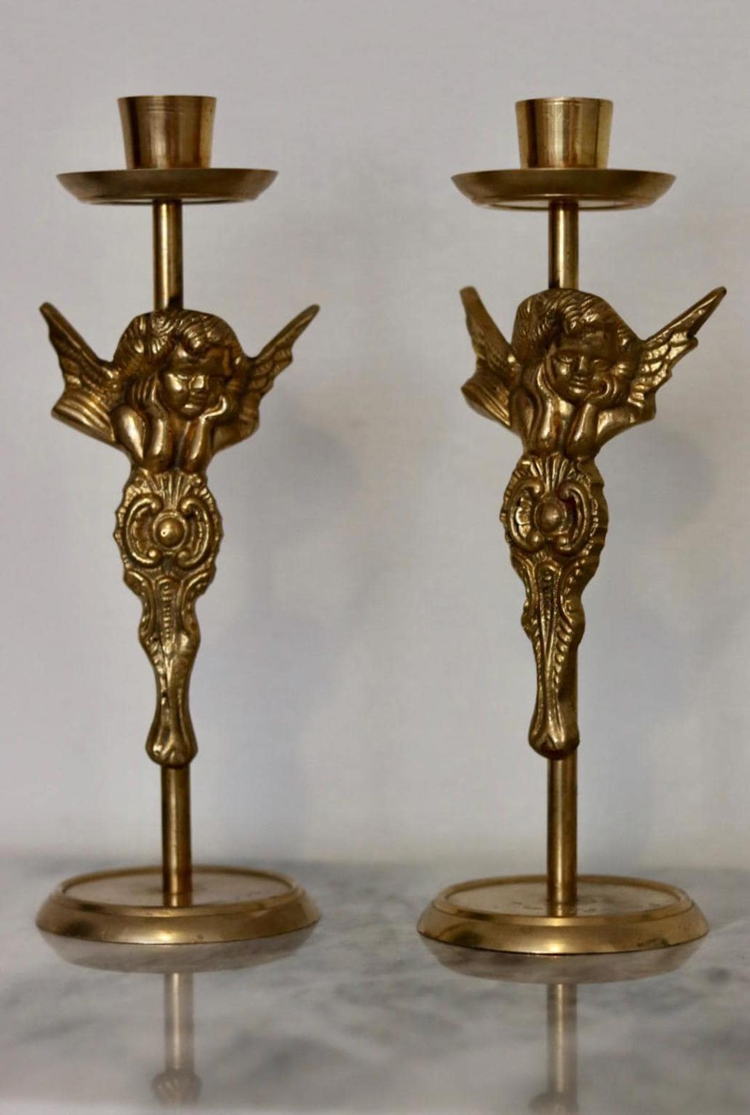 Pair of Vintage Swedish  Brass Angel Candle Holders