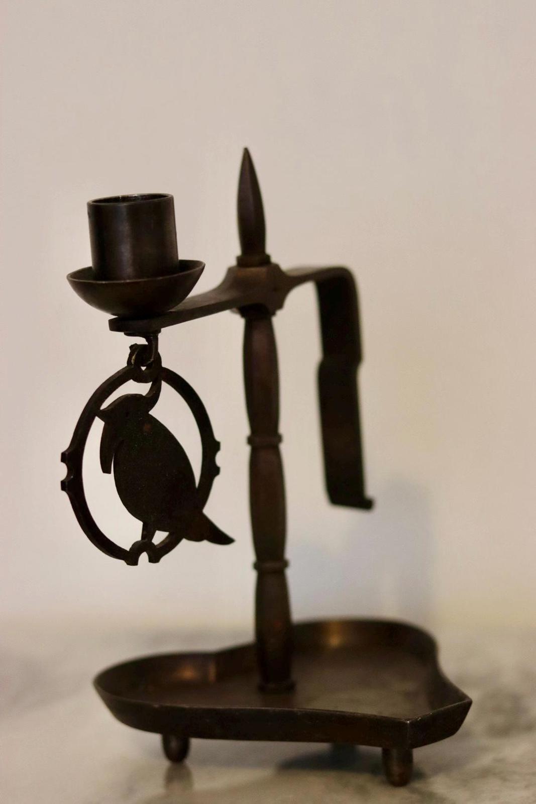 Vintage Swedish Wrought Iron Candle Holder with Hanging Bird Ornament – Folk Art Style
