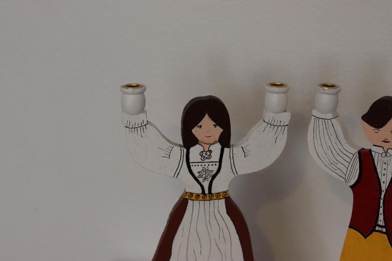 Pair of Vintage Scandinavian Folk Art Wooden Candle Holder Couple – Hand-Painted