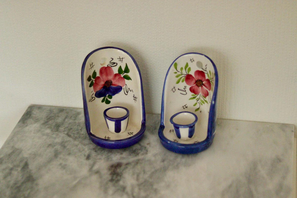 Hand-Painted Vintage Ceramic Wall Candle Holders – Floral Folk Art Pair
