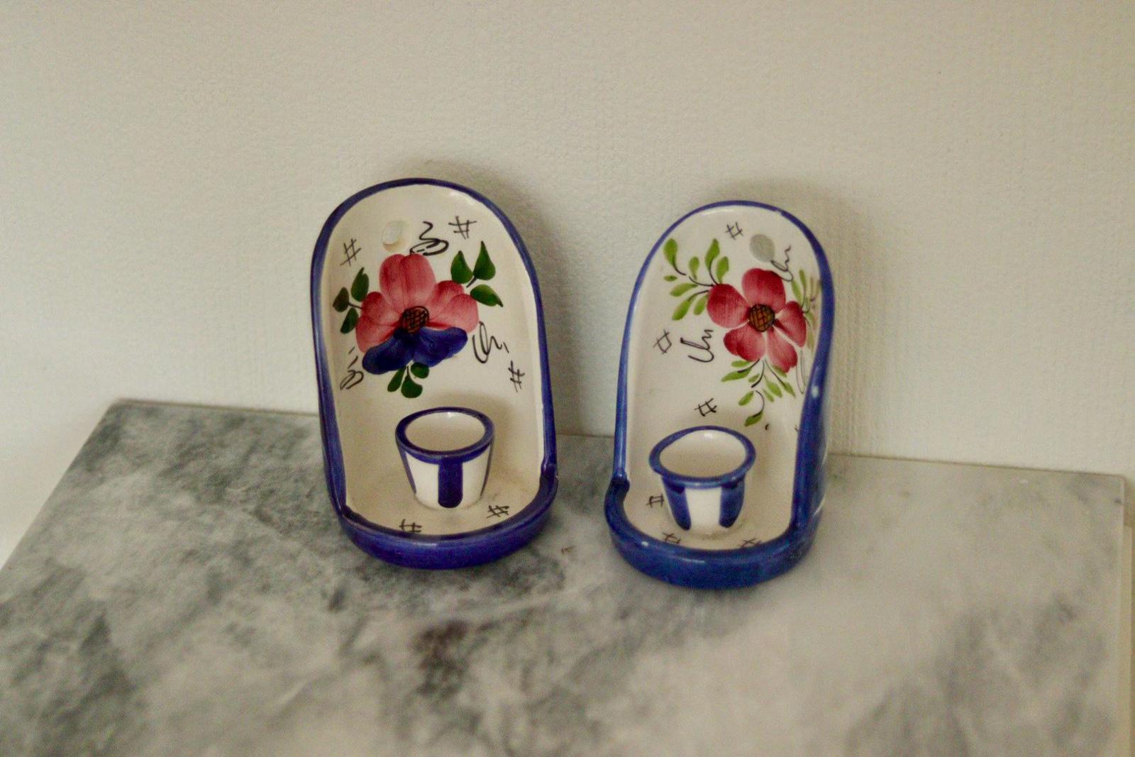 Hand-Painted Vintage Ceramic Wall Candle Holders – Floral Folk Art Pair