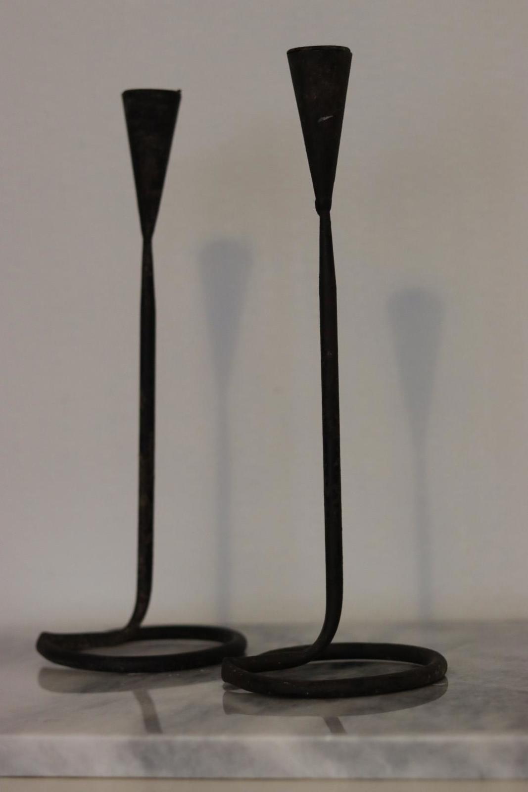 Pair of Swedish Vintage Hand-Forged Iron Candle Holders – Rustic Modern Loop-Base