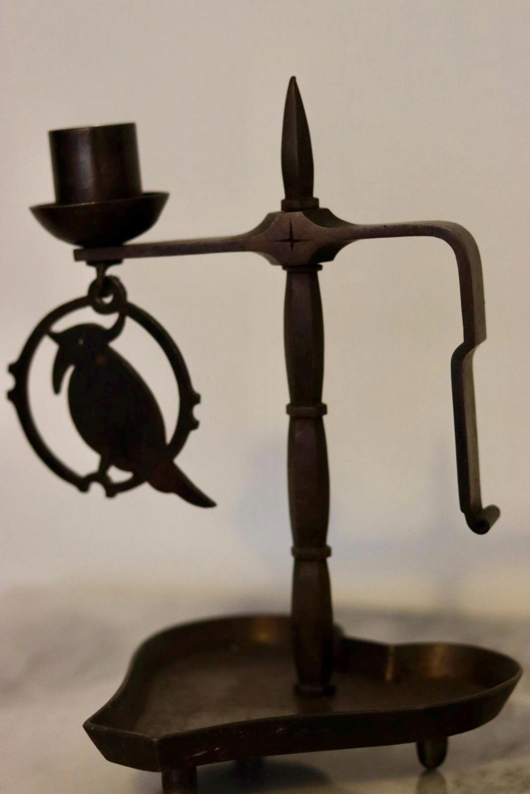 Vintage Swedish Wrought Iron Candle Holder with Hanging Bird Ornament – Folk Art Style