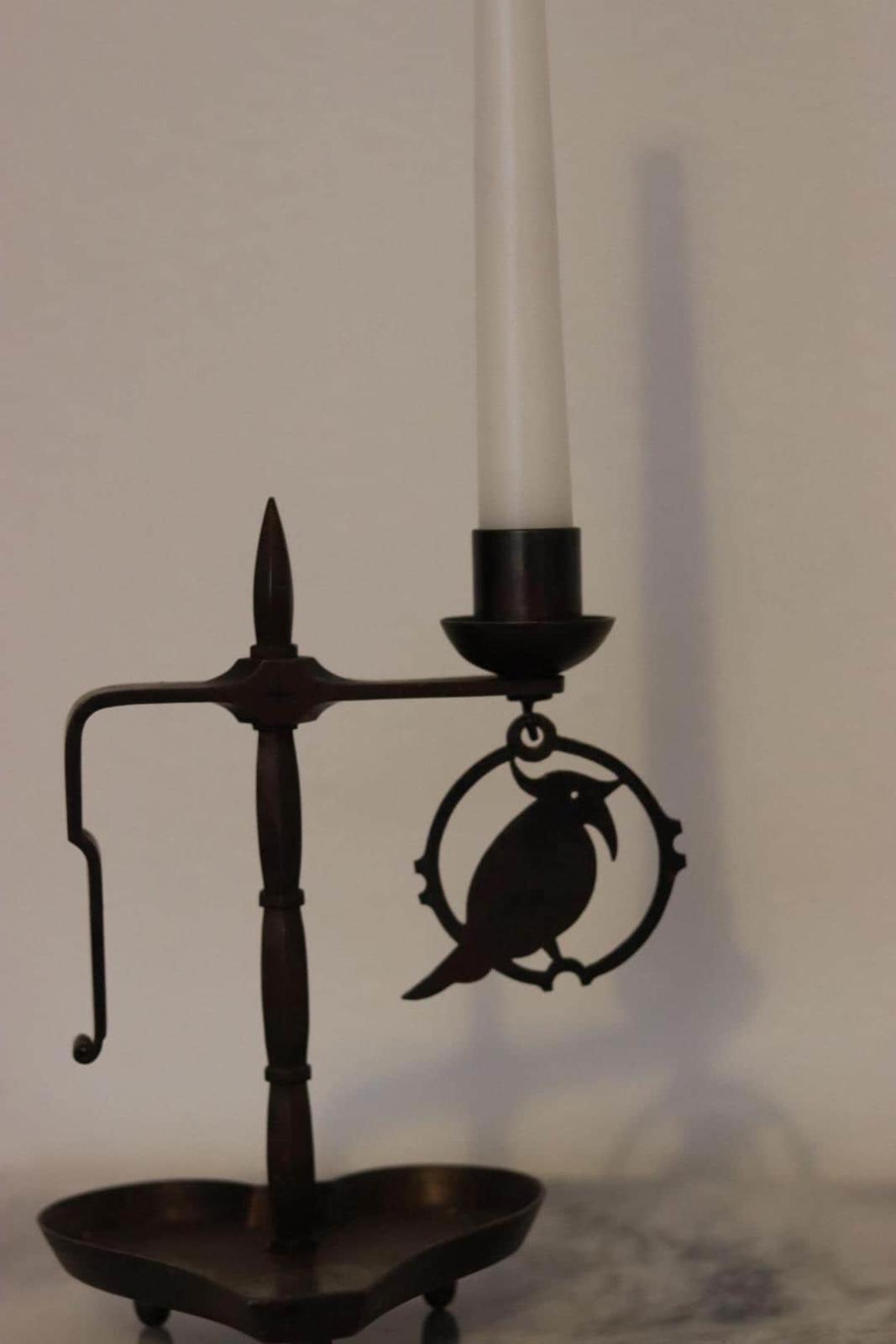 Vintage Swedish Wrought Iron Candle Holder with Hanging Bird Ornament – Folk Art Style
