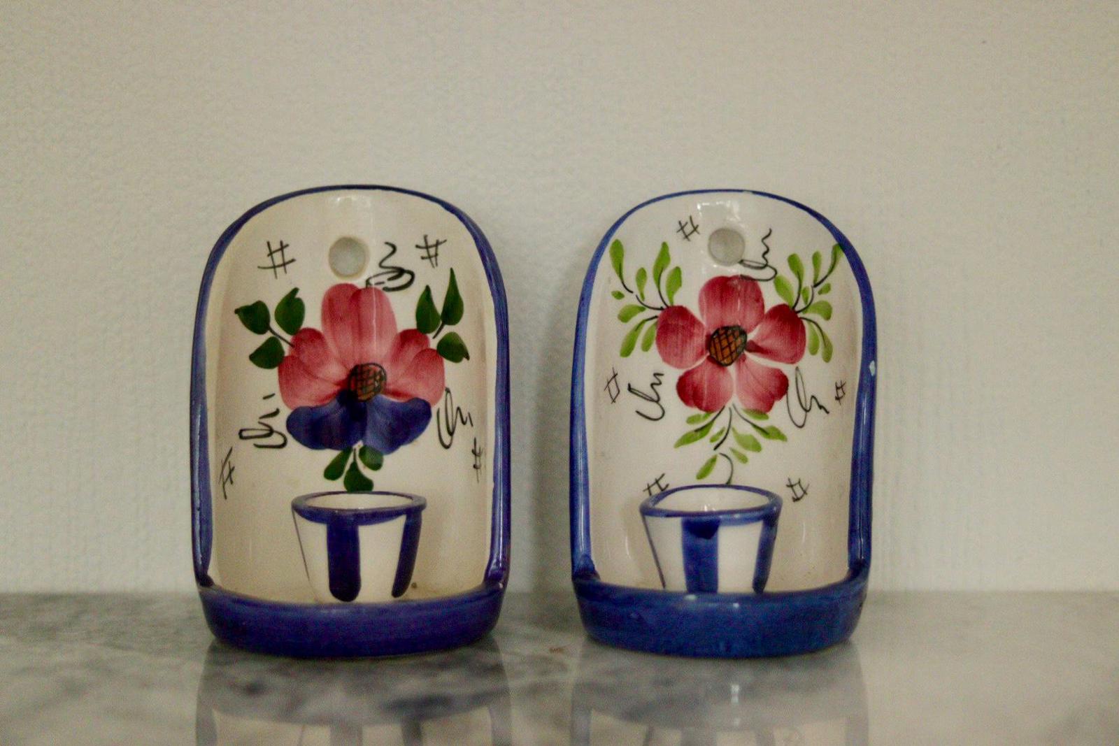 Hand-Painted Vintage Ceramic Wall Candle Holders – Floral Folk Art Pair