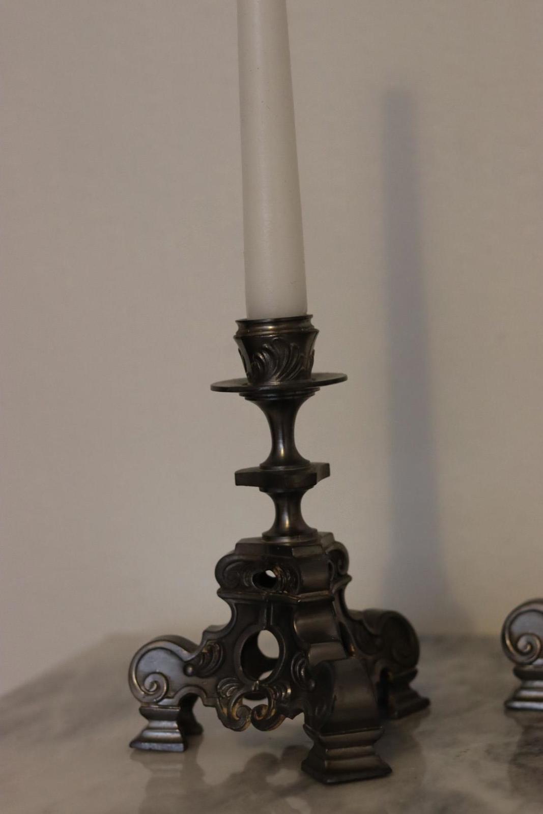 Pair of Swedish Antique Baroque-Style Metal Candle Holders – Ornate Vintage