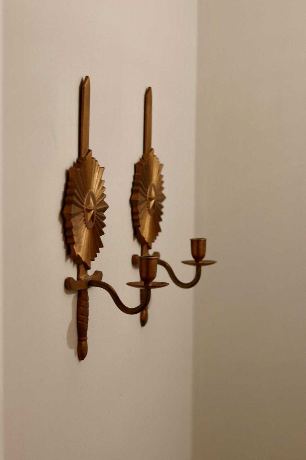 Pair of Mid-century Swedish Bronze Sconces "Knife in North Star"