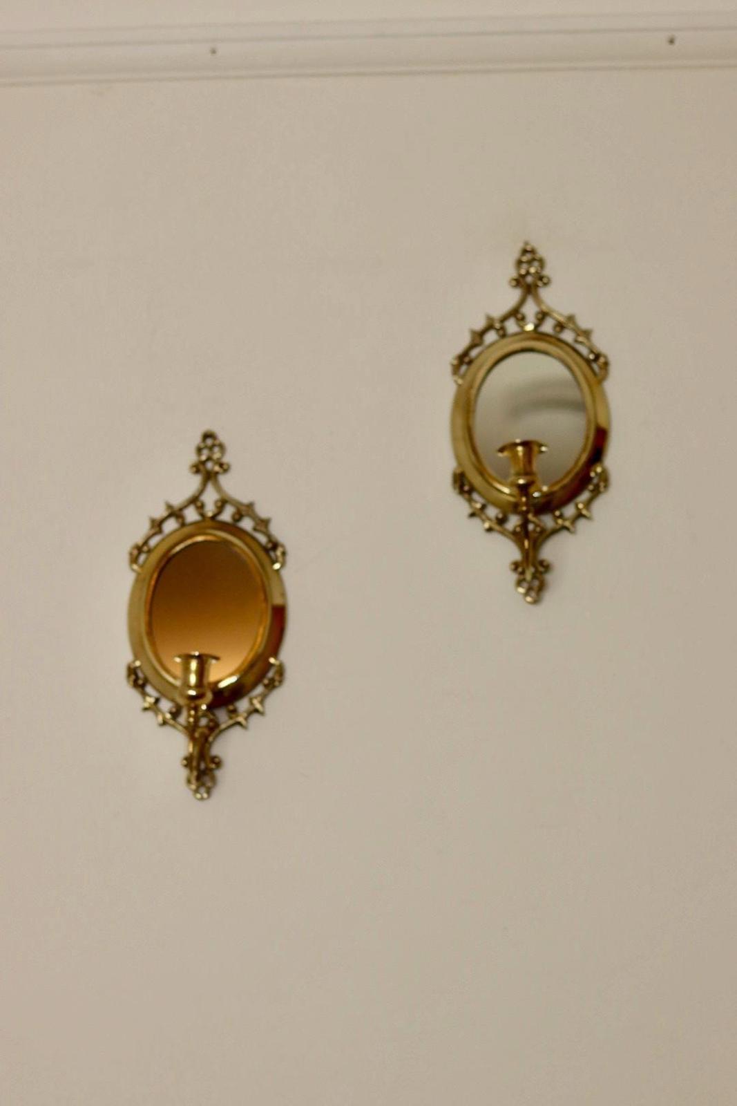 Pair of Mid Century Swedish Brass Sconces with Mirror