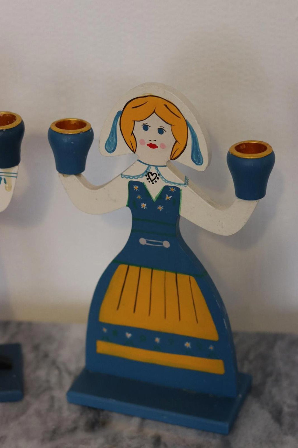 Pair of Vintage Scandinavian Folk Art Wooden Candle Holders