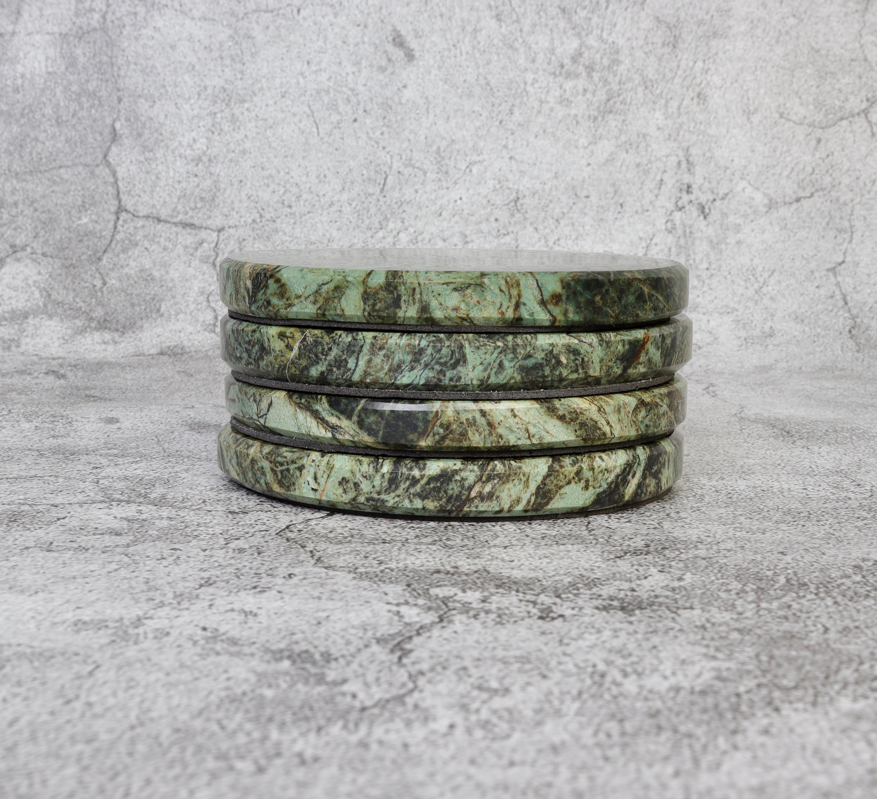 Gabriella – Chunky Indian Green Round Natural Marble Coasters - set of 4 patinatwine