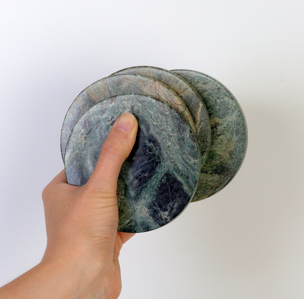 Gabriella – Chunky Indian Green Round Natural Marble Coasters - set of 4 patinatwine