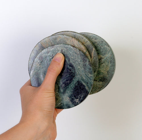 Gabriella – Chunky Indian Green Round Natural Marble Coasters - set of 4 patinatwine