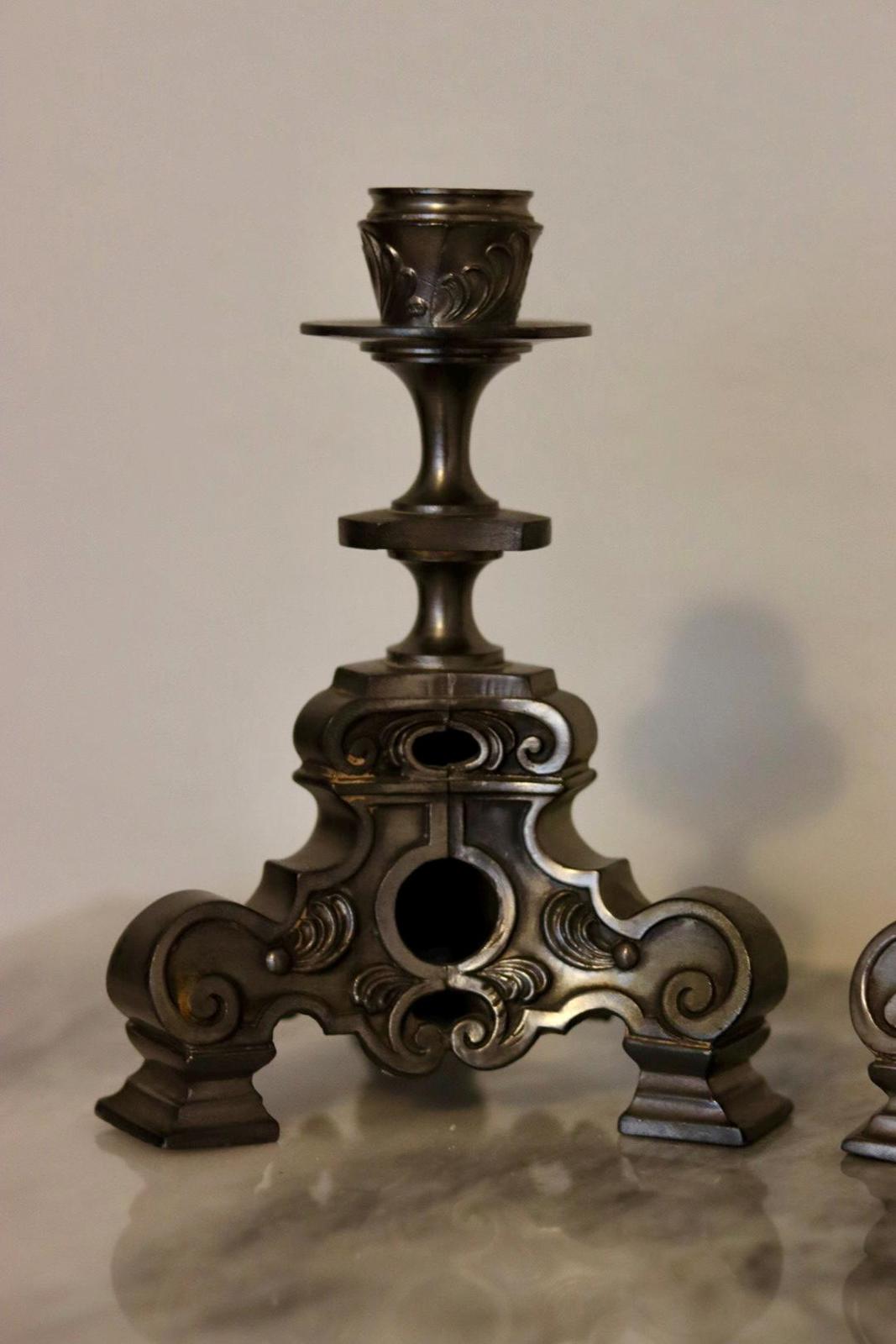 Pair of Swedish Antique Baroque-Style Metal Candle Holders – Ornate Vintage