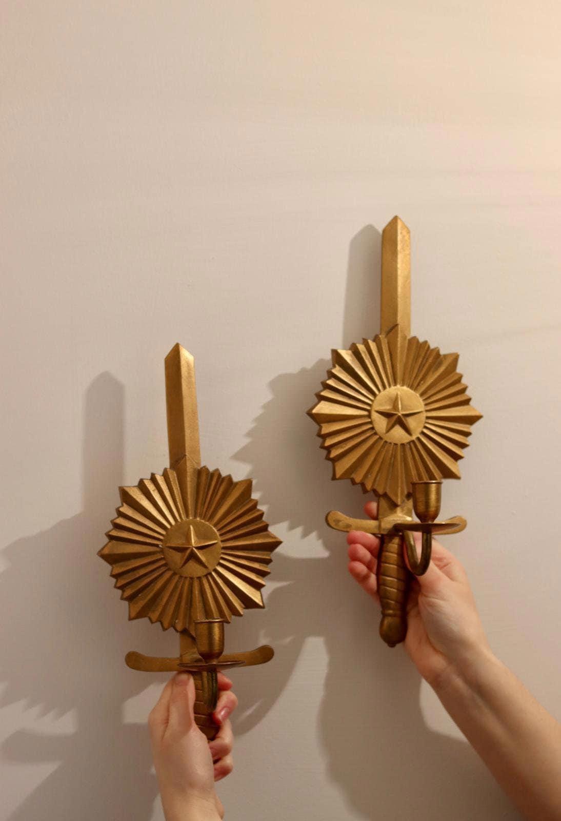 Pair of Mid-century Swedish Bronze Sconces "Knife in North Star"