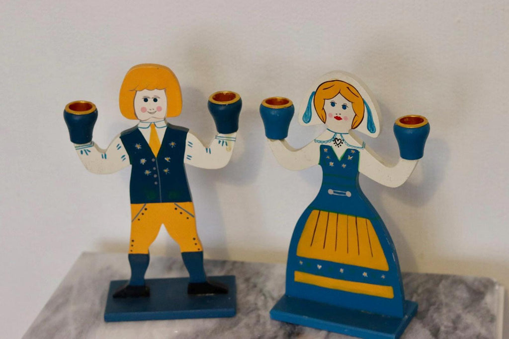 Pair of Vintage Scandinavian Folk Art Wooden Candle Holders
