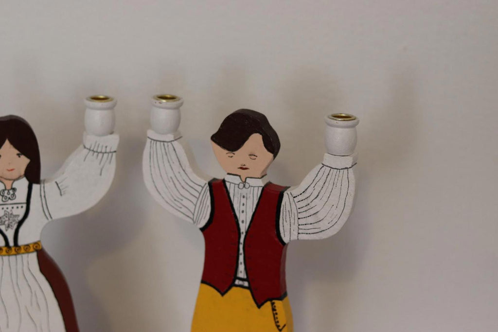 Pair of Vintage Scandinavian Folk Art Wooden Candle Holder Couple – Hand-Painted