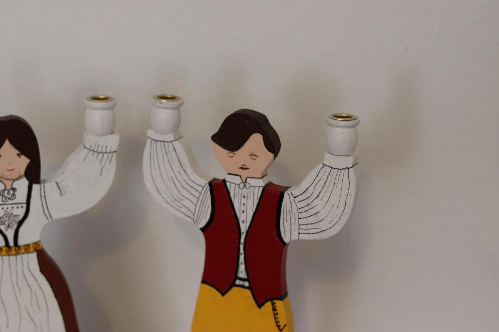 Pair of Vintage Scandinavian Folk Art Wooden Candle Holder Couple – Hand-Painted