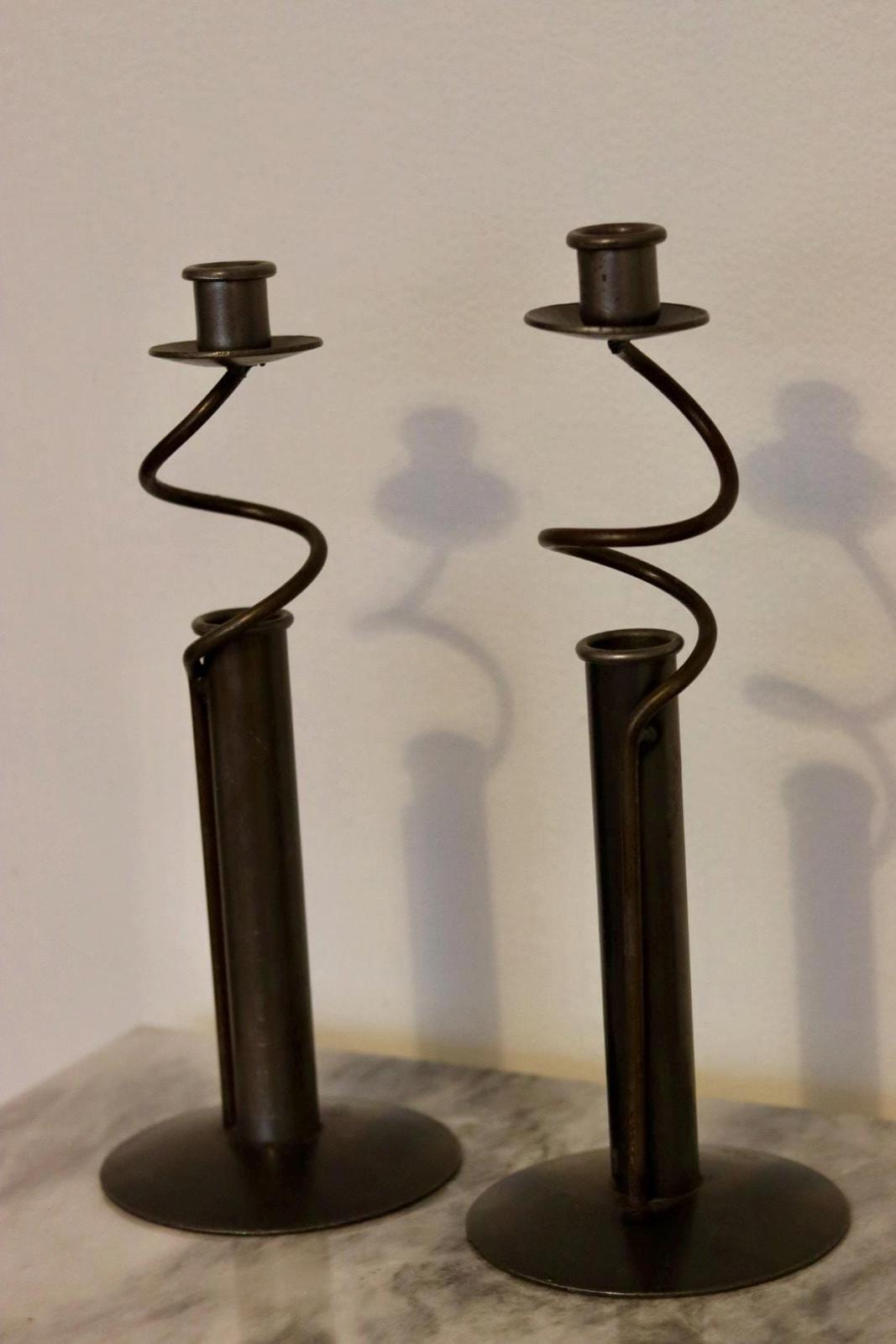 Pair of Vintage Swedish Sculptural Wrought Iron Candle Holders