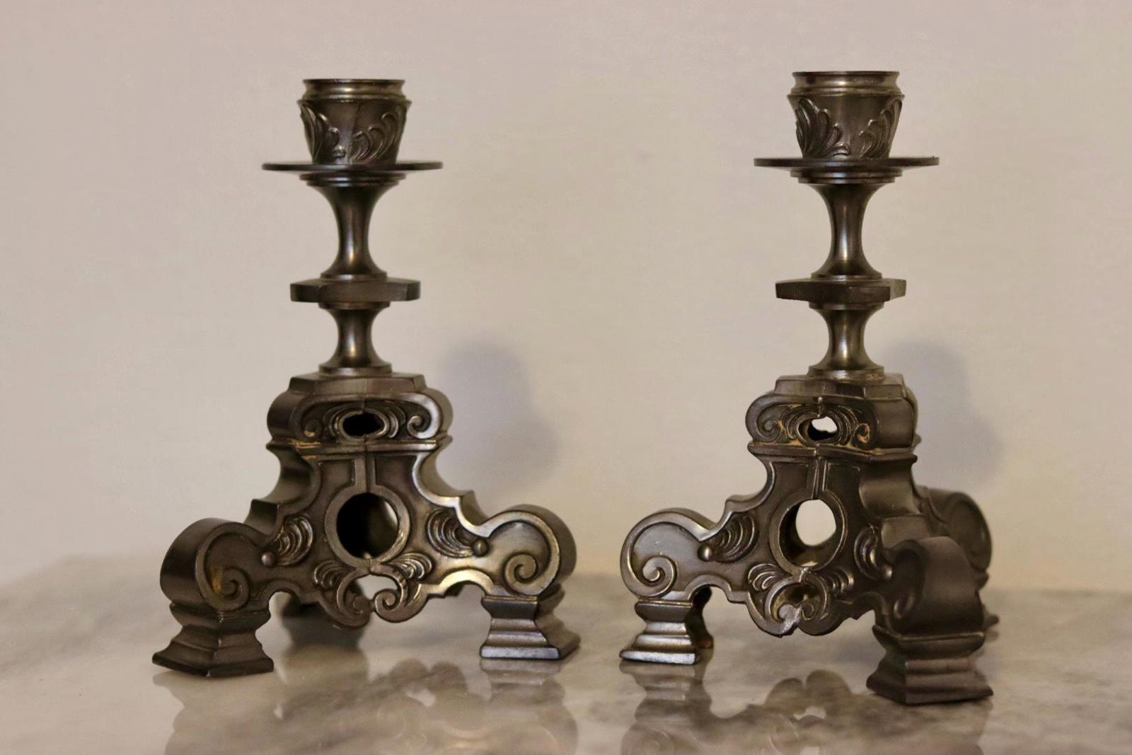 Pair of Swedish Antique Baroque-Style Metal Candle Holders – Ornate Vintage