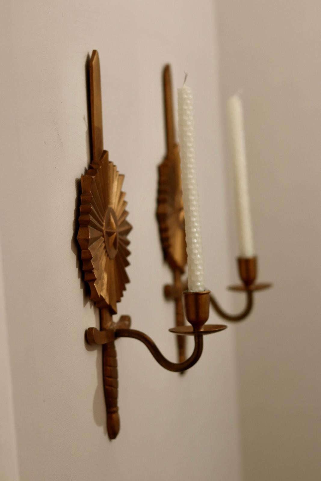 Pair of Mid-century Swedish Bronze Sconces "Knife in North Star"