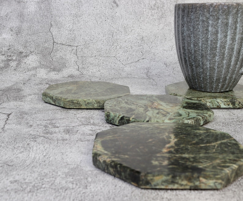 Set of 4 - Angelo Indian Green Chunky Octagonal Marble Coasters