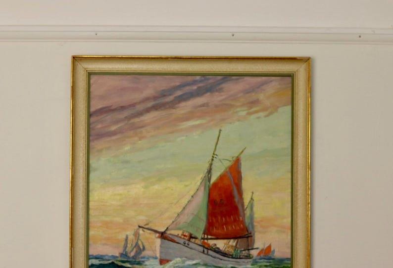 Original Swedish Mid Century Oil on Canvas "Sailing Ship" - by Arne Dahl -Vintage & Framed