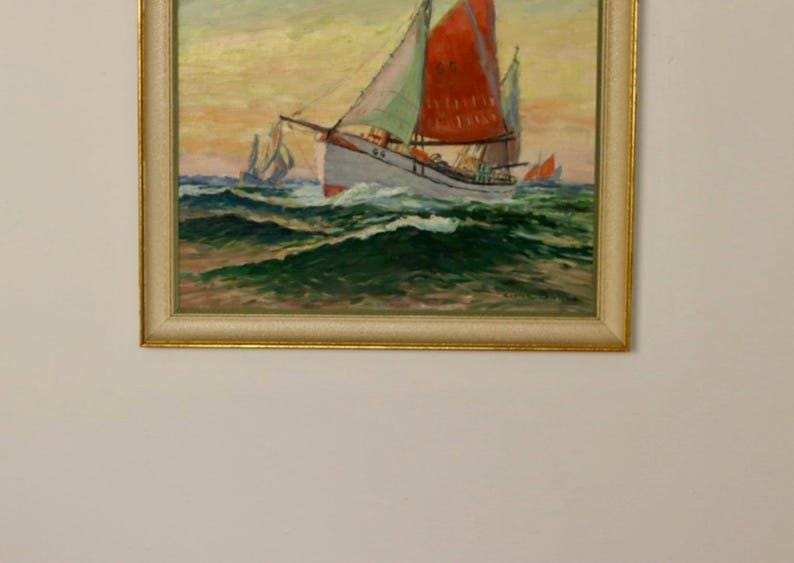 Original Swedish Mid Century Oil on Canvas "Sailing Ship" - by Arne Dahl -Vintage & Framed