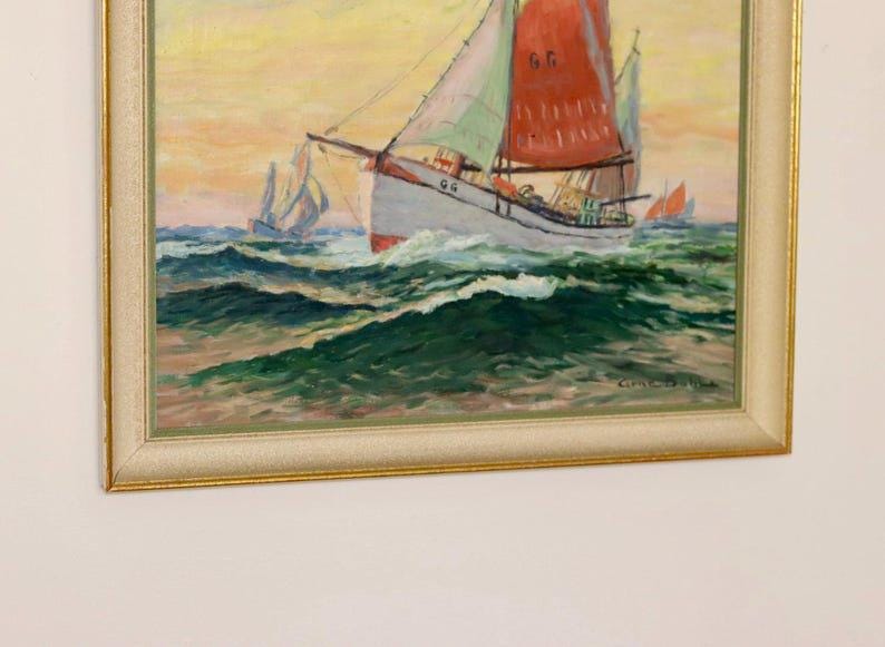 Original Swedish Mid Century Oil on Canvas "Sailing Ship" - by Arne Dahl -Vintage & Framed