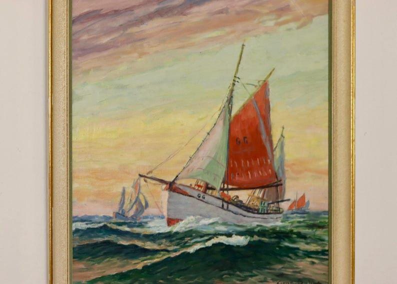 Original Swedish Mid Century Oil on Canvas "Sailing Ship" - by Arne Dahl -Vintage & Framed