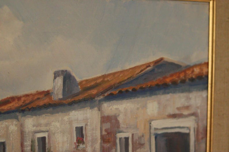 Original Vintage Canvas Oil Painting Southern Street 63x55 cm (approx ≈ 24.8 × 21.7 in)