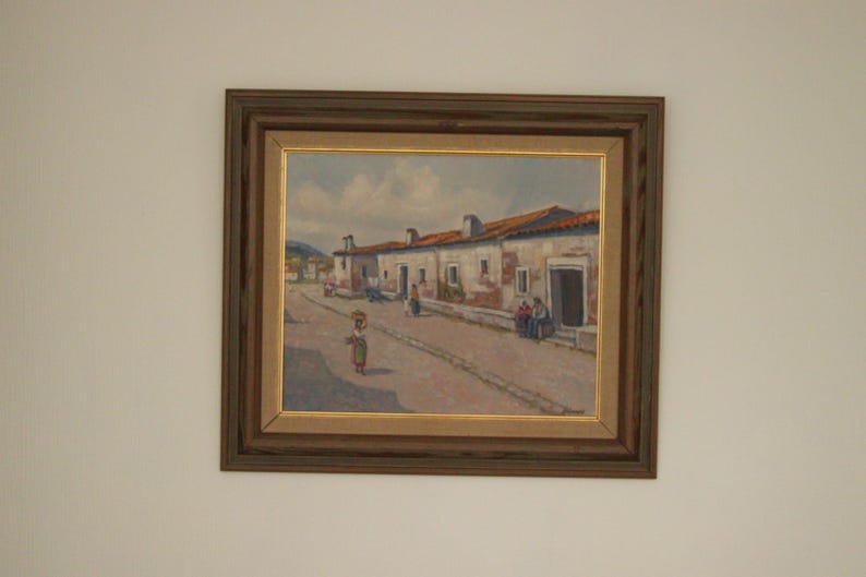 Original Vintage Canvas Oil Painting Southern Street 63x55 cm (approx ≈ 24.8 × 21.7 in)
