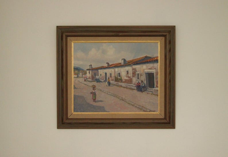 Original Vintage Canvas Oil Painting Southern Street 63x55 cm (approx ≈ 24.8 × 21.7 in)