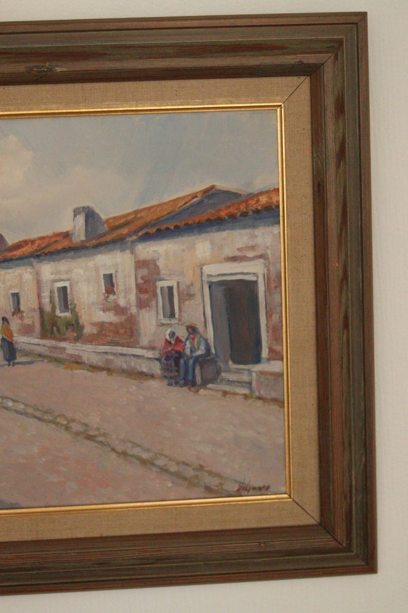 Original Vintage Canvas Oil Painting Southern Street 63x55 cm (approx ≈ 24.8 × 21.7 in)