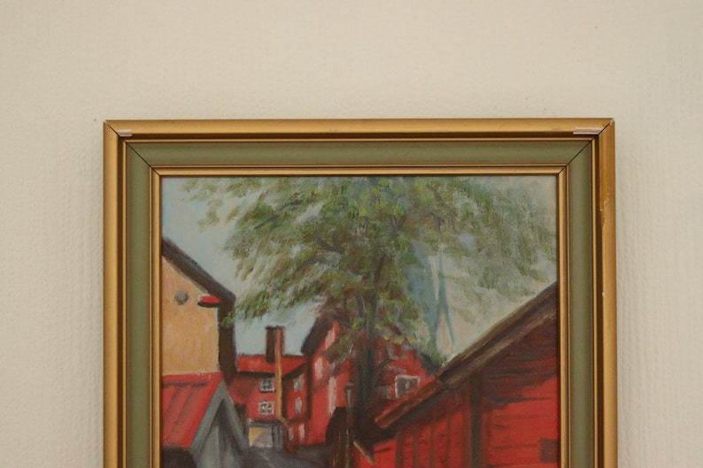 Original Swedish Mid-Century Oil on Panel – “Pilens backe, Linköping” by T. Albin Ringqvist – Vintage & Framed (≈ 15.7 × 13.4 in))