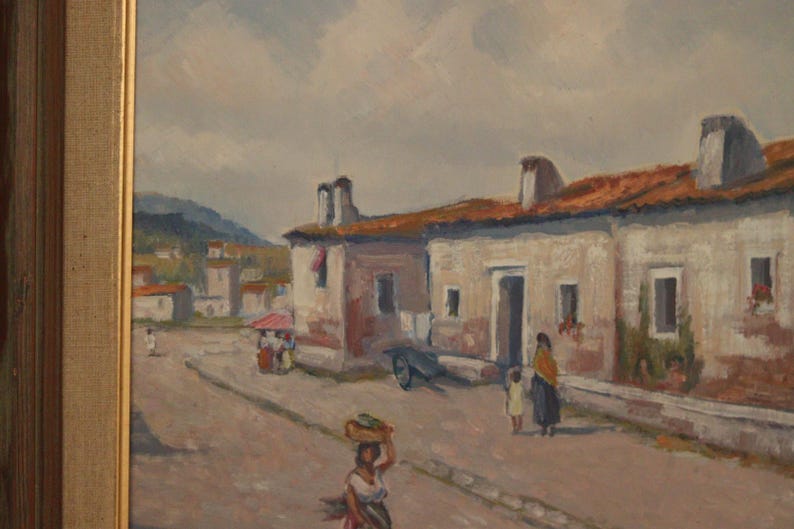 Original Vintage Canvas Oil Painting Southern Street 63x55 cm (approx ≈ 24.8 × 21.7 in)
