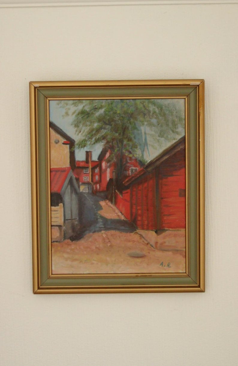 Original Swedish Mid-Century Oil on Panel – “Pilens backe, Linköping” by T. Albin Ringqvist – Vintage & Framed (≈ 15.7 × 13.4 in))