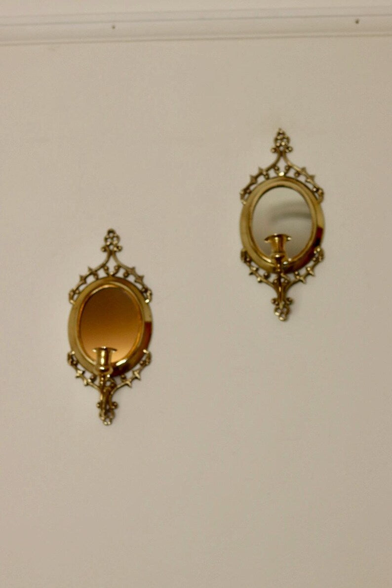 Pair of Mid Century Swedish Brass Sconces with Mirror