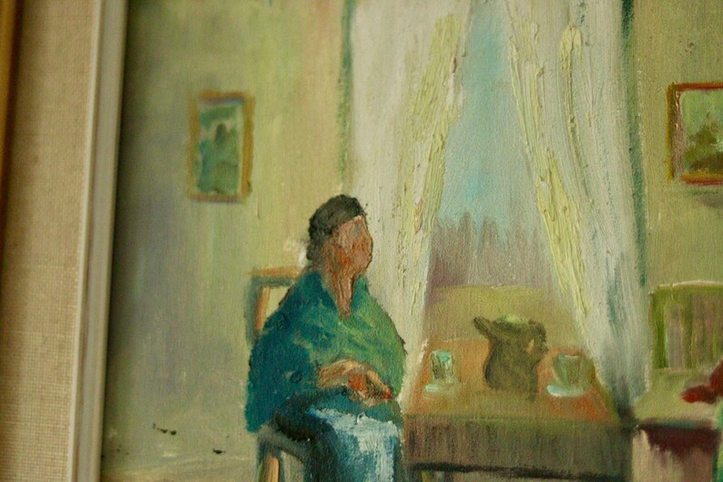 Original Mid-Century Oil on Canvas – “Interior with Three People” by E. Wallin – Vintage & Framed | 36 × 40 cm (14.2 × 15.7 in)