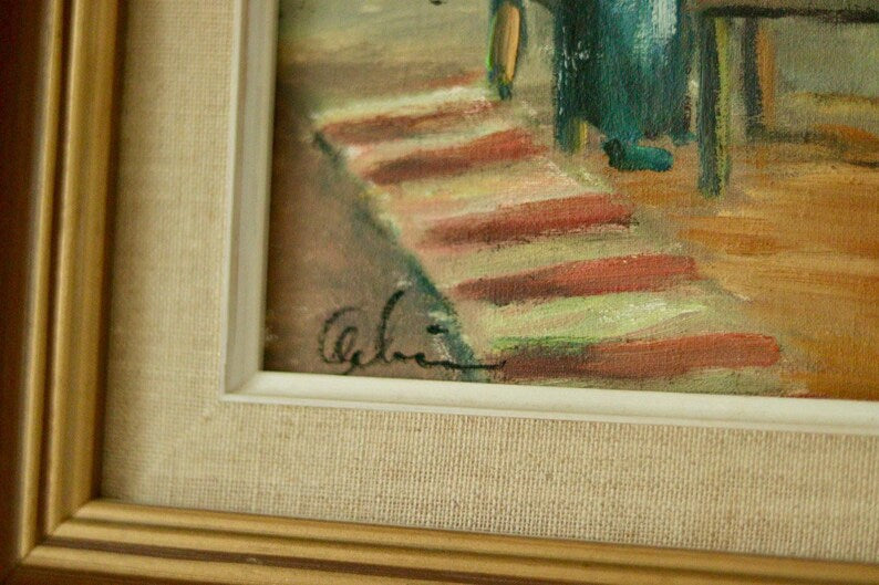 Original Mid-Century Oil on Canvas – “Interior with Three People” by E. Wallin – Vintage & Framed | 36 × 40 cm (14.2 × 15.7 in)