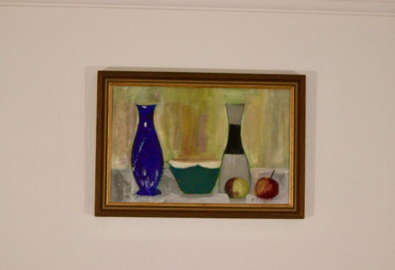 Original Mid Century Oil on Canvas – “Bowl, Vase and Fruit” by K. W. N., Dated 1967 – Vintage & Framed 47 × 32 cm (18.5" × 12.6")