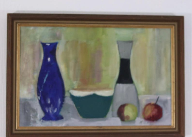 Original Mid Century Oil on Canvas – “Bowl, Vase and Fruit” by K. W. N., Dated 1967 – Vintage & Framed 47 × 32 cm (18.5" × 12.6")