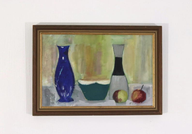 Original Mid Century Oil on Canvas – “Bowl, Vase and Fruit” by K. W. N., Dated 1967 – Vintage & Framed 47 × 32 cm (18.5" × 12.6")