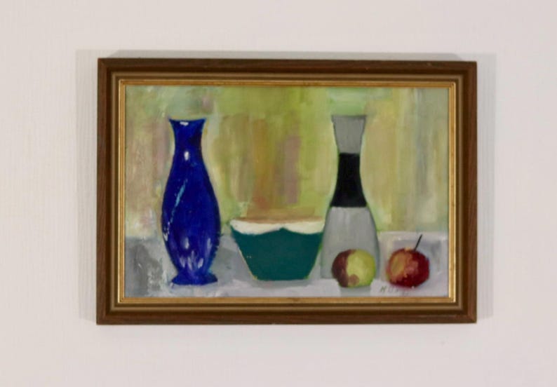 Original Mid Century Oil on Canvas – “Bowl, Vase and Fruit” by K. W. N., Dated 1967 – Vintage & Framed 47 × 32 cm (18.5" × 12.6")