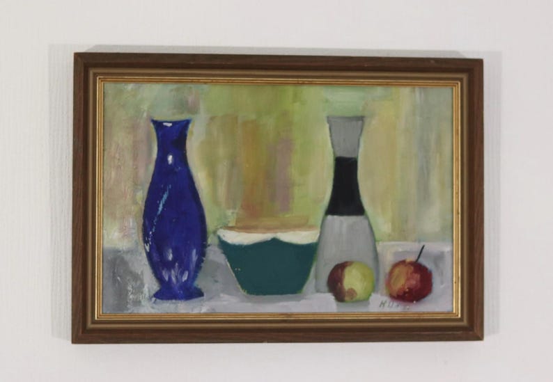 Original Mid Century Oil on Canvas – “Bowl, Vase and Fruit” by K. W. N., Dated 1967 – Vintage & Framed 47 × 32 cm (18.5" × 12.6")