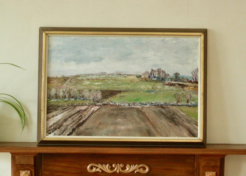 Mid-Century Original Swedish Oil on Canvas "Fields" – GULLI KLINGVALL – Vintage & Framed, 46 x 66 cm / 18.1" x 26"