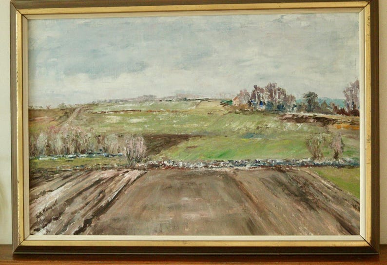 Mid-Century Original Swedish Oil on Canvas "Fields" – GULLI KLINGVALL – Vintage & Framed, 46 x 66 cm / 18.1" x 26"
